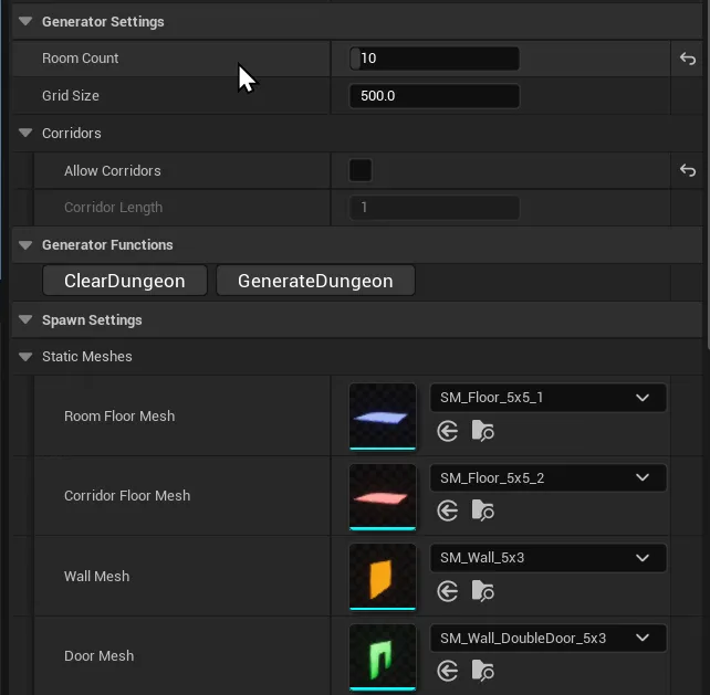 Screenshot of a dungeon settings menu